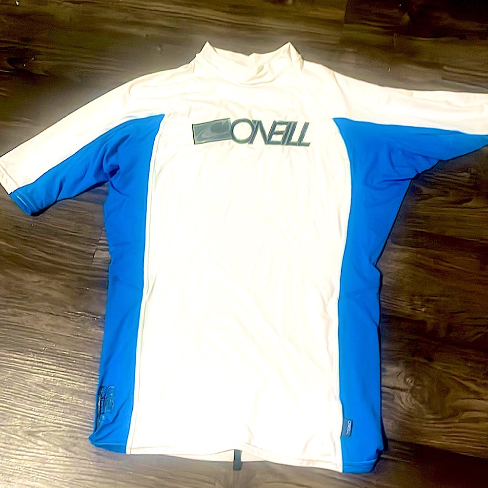 White and blue on swim shirt, two XL boys and girls swim top